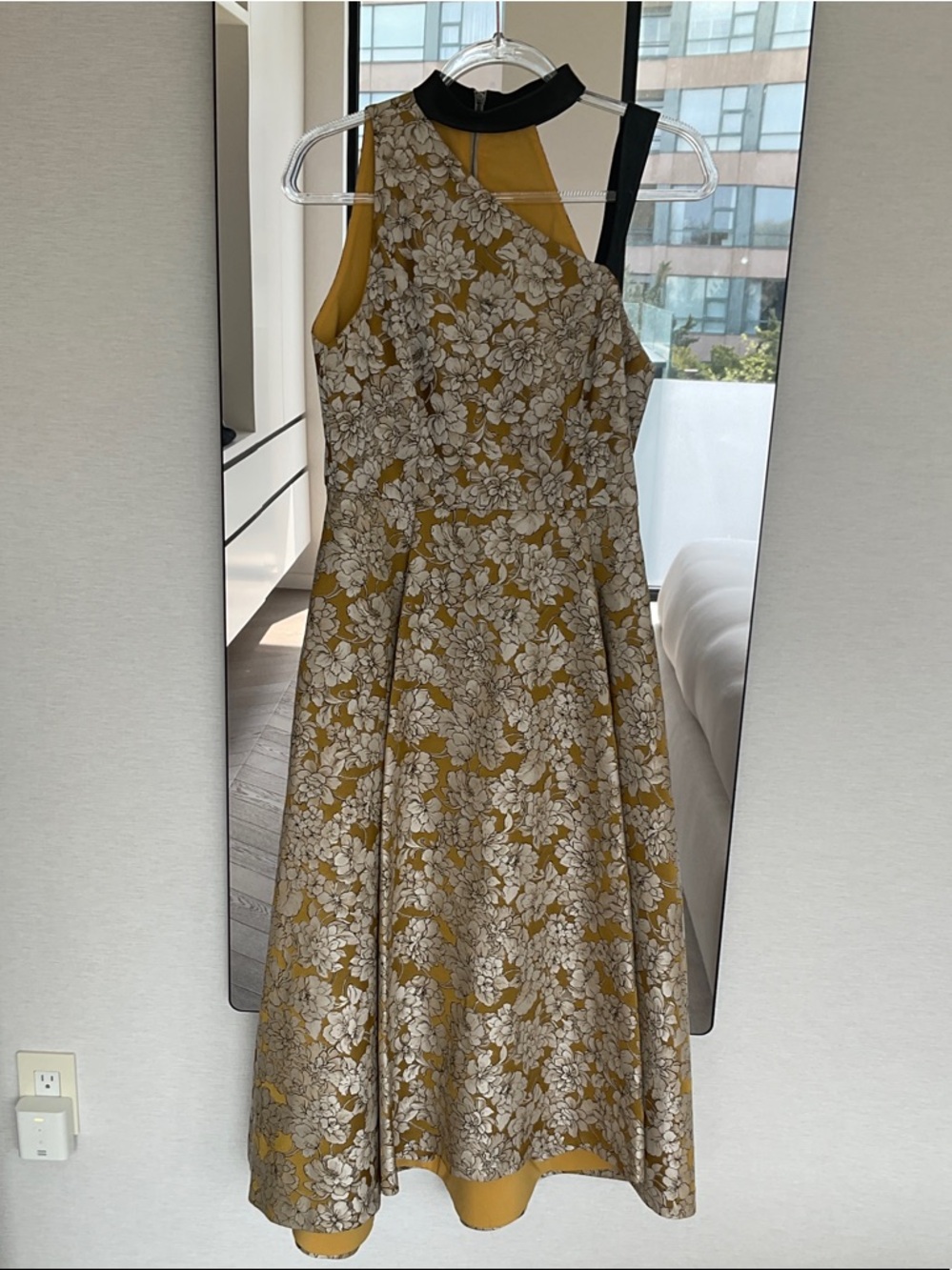 Alice + Olivia Mustard and Black Floral Jacquard Fit-and-Flare Dress
